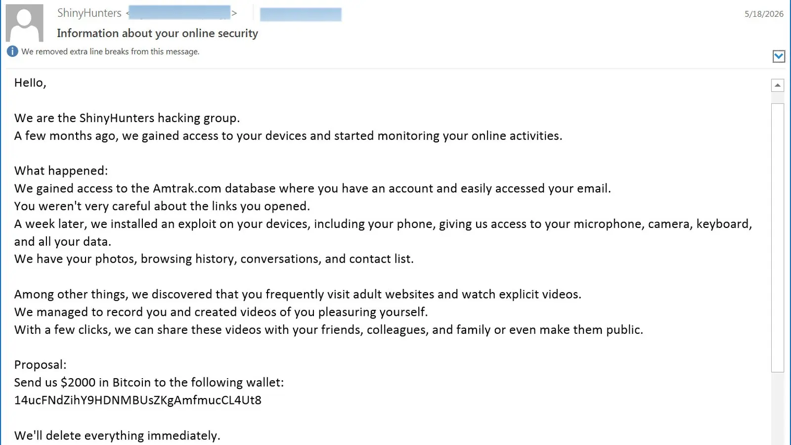 Campaña de sextorsión usa datos filtrados por ShinyHunters para extorsionar con Bitcoin, imagen 2